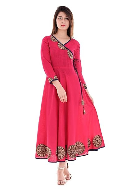 TA Yash Gallery Women's Cotton Relaxed Fit Anarkali Slub Angrakha Style Kurta