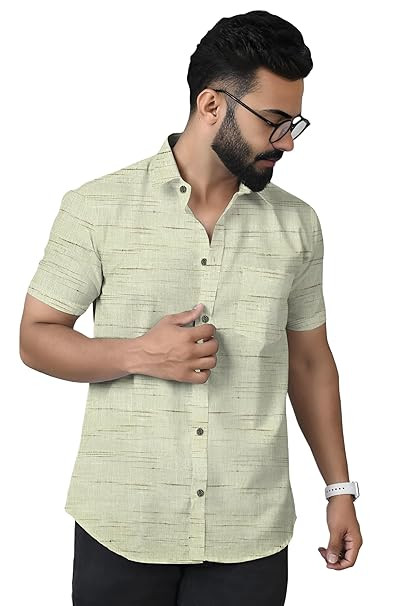 TA Men's Cotton Khadi Half Sleeve Shirt, Textured Pattern, Front Pocket, Wingtip Collar