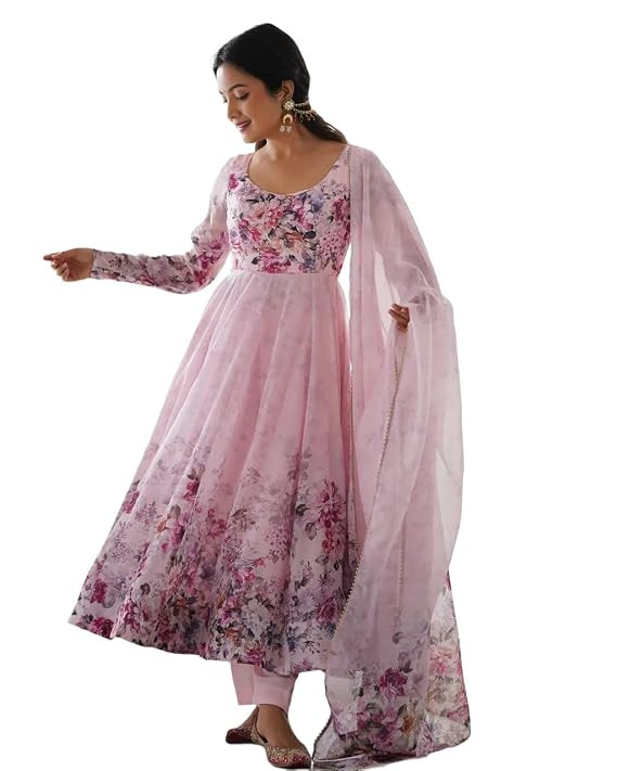 TA  Premium Organza Silk Print Anarkali Kurta Set with Gota Patti Dupatta and Stitched Pant Fully Stitched Traditional Ethnic Wear