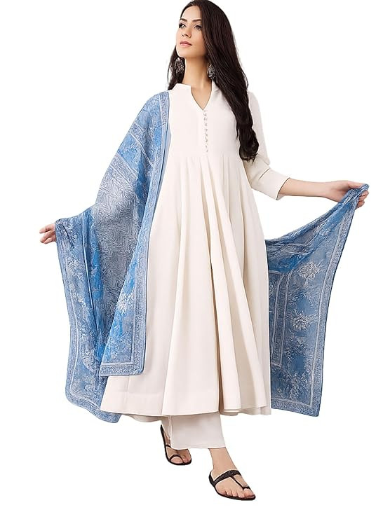 TA   Women's Off-White Chanderi Silk Solid Anarkali Kurta with Trousers and Blue Floral Printed Chanderi Cotton Dupatta Set