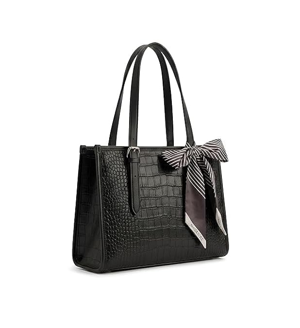 TA Crocodile Embossed Leather Tote Bag for Women – Medium Structured Shoulder Handbag with Bow Scarf Accent, Elegant Everyday Purse, Black
