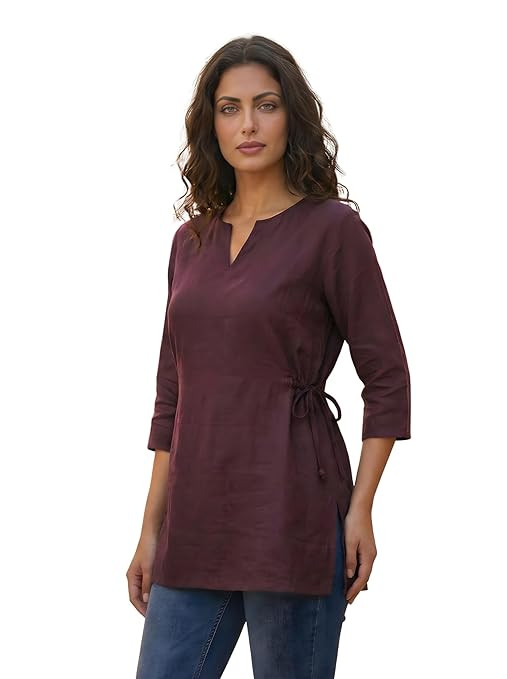 TA  Women's Pure Cotton Angrakha Style Short Kurti, V-Neck Solid Tunic Top with Side Tie-Up Adjustable Waist, Office Wear