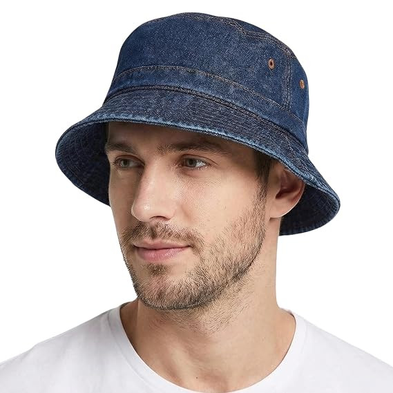 TA Denim Cap for Men Round/Beach Hat for Sun Protection | Round Sun Cap for Hiking, Fishing, Gardning, Travel,Men Bucket Sun Hat [Dark Blue,Pack of 1]