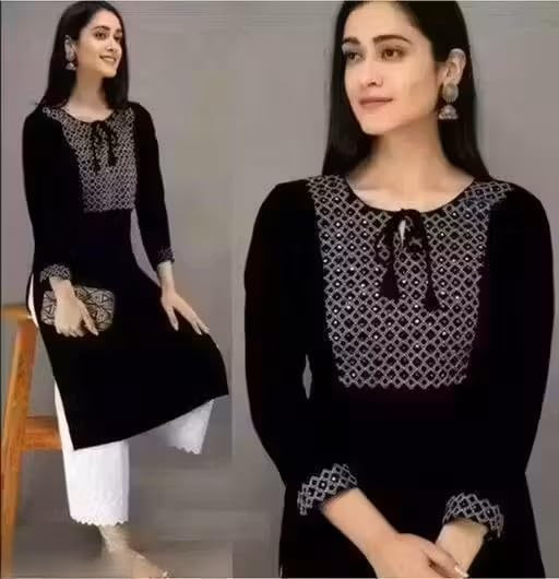 TA Women's Cotton Floral Embroidered Angrakha Style Short Kurti, U-Neck, 3/4 Sleeve, Regular Fit, Ethnic Wear|||Black Kurta Dress