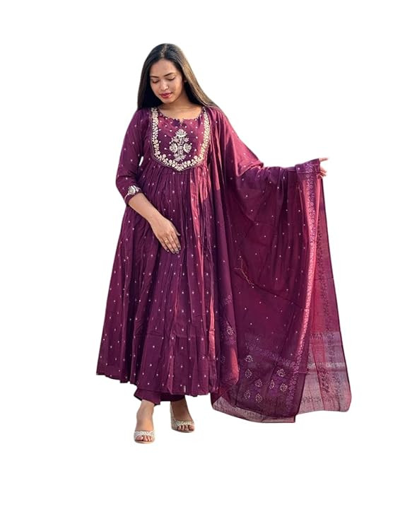 TA  Women's Cotton Embroidery Anarkali Kurti and Pant with Dupatta Set