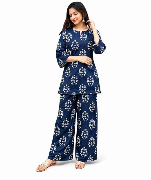 TA Women's Blue Floral Printed Kurta Palazzo Set, V-Neck, 3/4 Sleeve, with Pockets, Ethnic Co-ord Set for Daily, Office, and