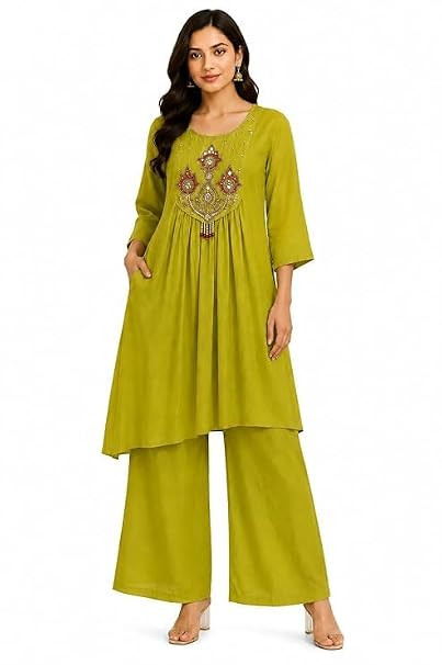 TA Women's Embroidered Kurta Palazzo Set | Straight A-Line Kurti with Wide Leg Palazzo | 3/4 Sleeves | Round Neck | Ethnic Casual Wear | Festive, Office & Daily Wear, Mustard, M