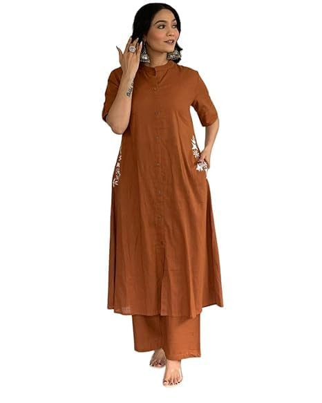 TA Women's Reyon Kurta Palazzo Set, Short Sleeves, Mandarin collar, Rust Casual Wear,Embroidery on both pockets Traditional Indian Dress