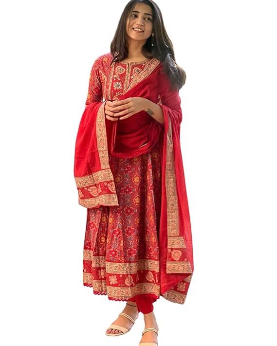 TA Women's Cotton Anarkali Embroidery Designer Long Anarkali Kurti With Pant and Dupatta Set (Red)
