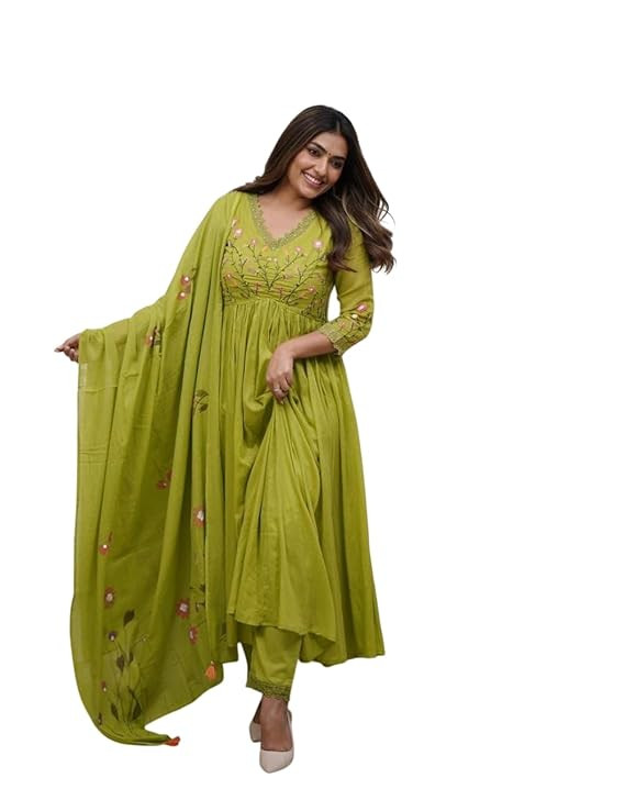 TA  Women's Cotton Embroidered Long Anarkali Kurti with Pant and Dupatta Set