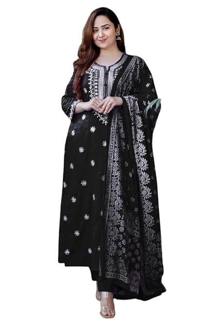 TA Women's Black Embroidered Rayon Kurta Palazzo Dupatta Set | Intricate Embroidery Work | Complete 3-Piece Ethnic Suit | Size Small to 7XL