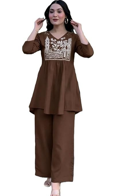 TA Women's Embroidered Rayon Tunic Kurti with Palazzo Set, Brown, Regular Fit Short Kurta Co Ord Set