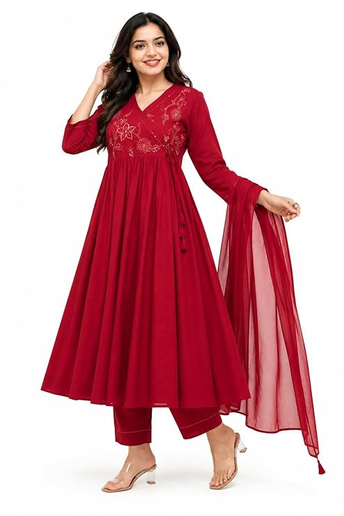 TA Women's Anarkali Kurta Pant Set, Floral Embroidered Rayon, Three-Quarter Sleeves, V-Neck, Magenta, with Dupatta