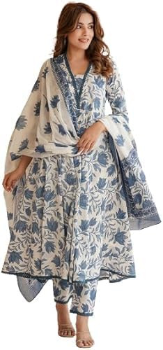 TA Women's Printed Anarkali Kurta With Palazzo & Dupatta Set