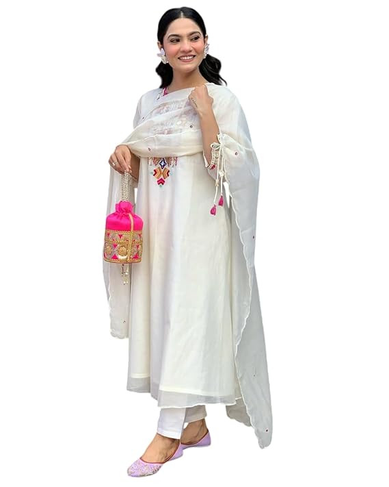TA Women's Cotton Mirror Work Embroidered Straight Kurti with Pant and Dupatta Set