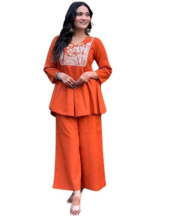 TA Women's Cotton Embroidered Flared Kurta With Pant Set