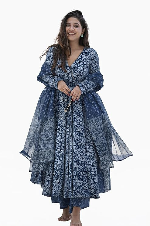 TA Womens Kurta Anarkali Suit with Dupatta Ethinic Traditional Floral Long Sleeve Dress Set, Printed Kurta Palazzo With Dupatta