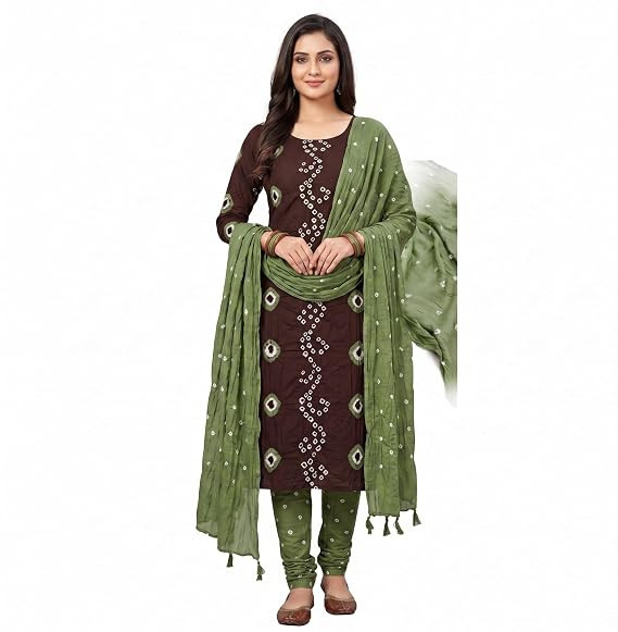 TA Women's Pure Cotton Unstitched Bandhani Salwar Suit Material with Dupatta (Dark Brown & Olive Green)