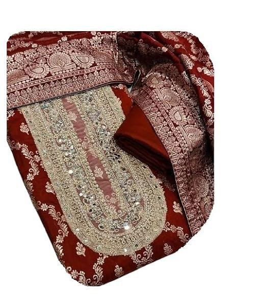 TA Maroon colour women Banarasi Silk Dress Material with Golden Zari Work,Traditional Indian Ethnic Fabric Set with Dupatta, Motif n mirror work on front yoke