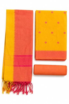 TA Women's South Cotton Unstitched Salwar Suit Material, Yellow and Orange, Polka Dot Kurta with Dupatta Set