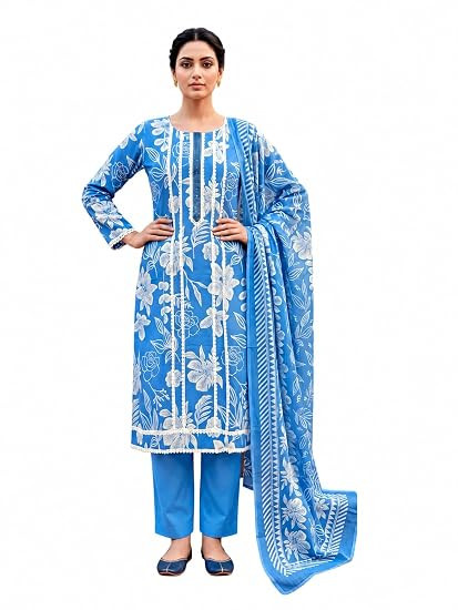 TA Women's Unstitched Cotton Printed Salwar Suit Material with Fancy Lace & Moti Work | Cotton Solid Bottom & Kota Check Dupatta | Dress Material Set for Women