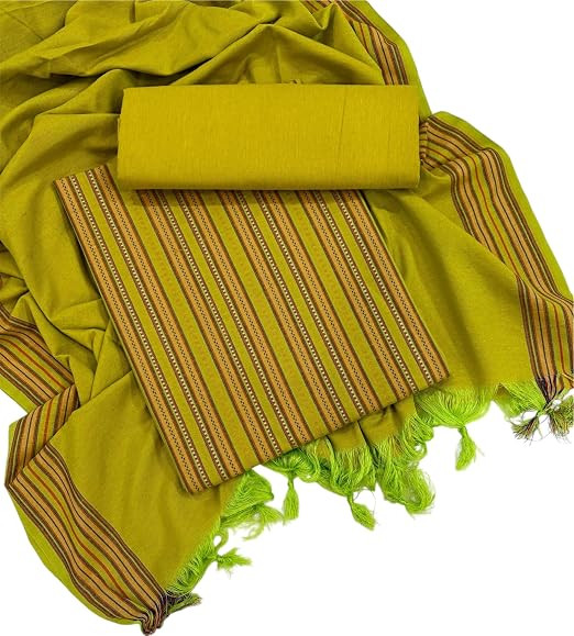 TA Women Unstitched Cotton Suit and Dress Material Striped Woven | 2.25+2.25+2.35 Metres, 3-Piece Set, Woven Stripes, Mehndi Green Colour, Dupatta with Tassels