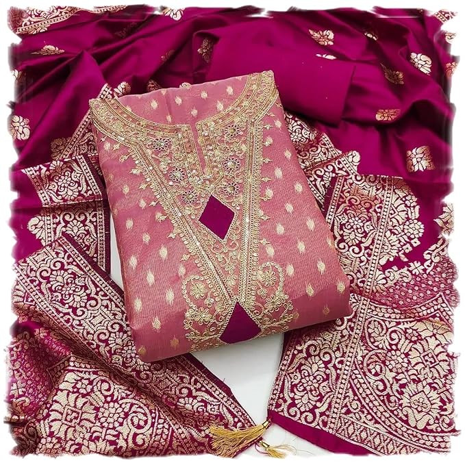 TA  Women's Shimmer Zari Butti Work Unstitched Salwar Suit Dress Material With Jacquard Silk Dupatta (B-DM Shimmer Pink_Pink_Free Size)