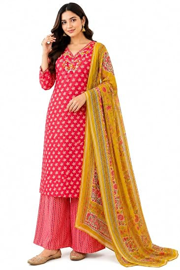 TA Women's Pink Cambric Cotton Unstitched Salwar Suit Material with Mustard Printed Dupatta | Floral Ethnic Dress Material Set | Top, Bottom & Dupatta (2.25 m Each)