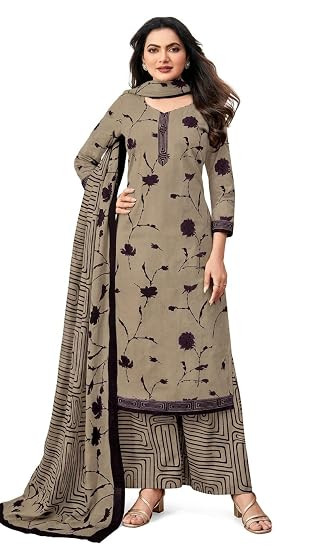 TA Pure Cotton Printed Salwar Suit Beige Purple Unstitched Dress Material | Cotton