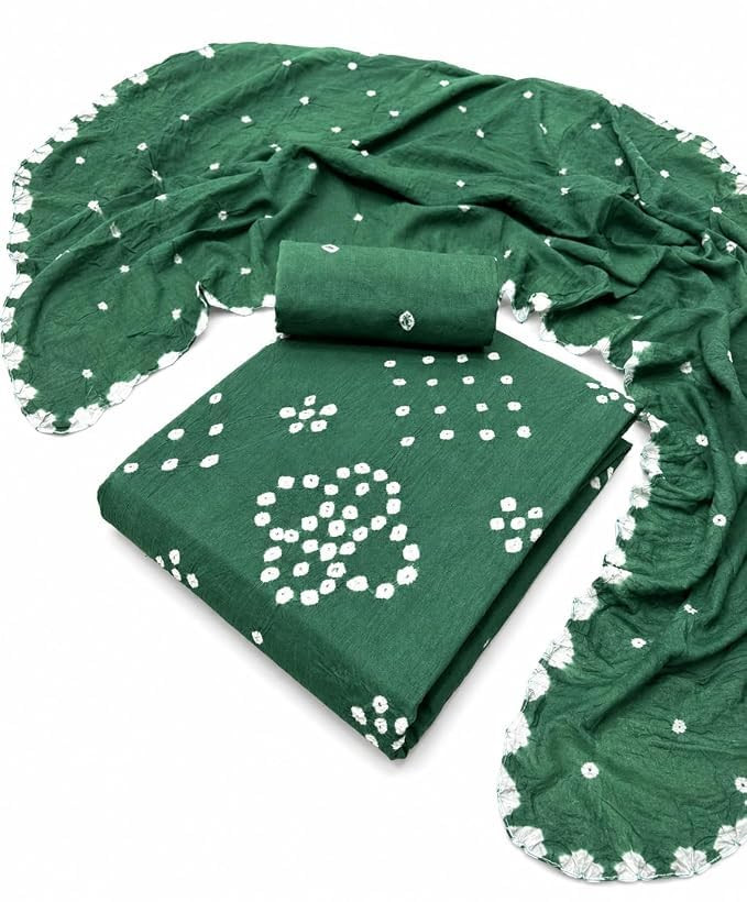 TA  Women's Pure Cotton Silk With Hand Bandhej | Traditional Bandhani, Soft & Breathable, 3-Piece Suit Set, Festive & Daily Wear, Customisable Fit Dress Material with Dupatta Sage Green