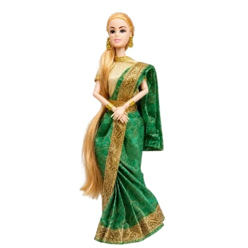 TA Traditional Saree Fashion Doll with Long Hair, Jewellery and Poseable Arms, Assorted Colour, Plastic, 32 cm