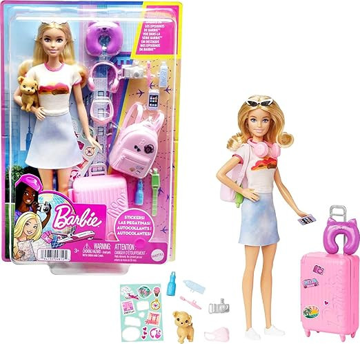 TA Barbie Doll and Accessories, “Malibu” Travel Set with Puppy and 10+ Pieces Including Working Suitcase