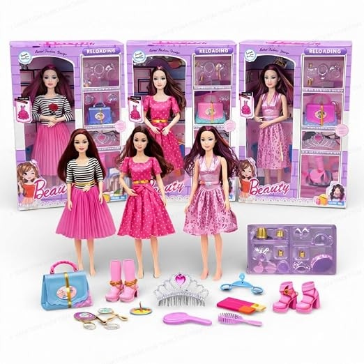 TA Beauty Doll Set for Girls with Makeup, Dress, Accessories, Wardrobe Closet, Hangers, Necklace, Multicolor, 3+ Years - Random Colour - 1Pc