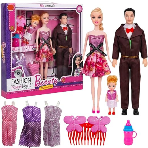 TA Beauty Famliy Doll Set with Accessories | Mom, Dad & Child Dolls | Dress-Up Fashion Playset for Kids | Pretend Play Toy Gift Set for Girls & Boys Age 3+ Random Doll Dispatched