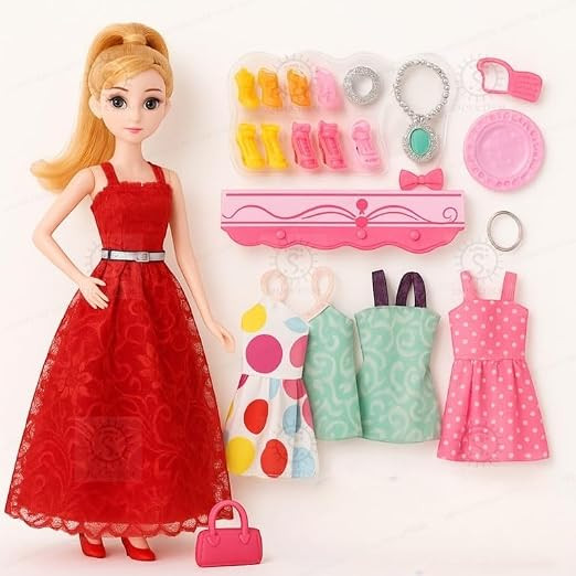 TA Fashion Doll Set for Girls with 3 Dresses, Shoes, Handbag & Accessories | Princess Dress-Up Doll Toy Kit | Role Play Fashion Beauty Doll for Kids Age 3+ Years (Random Colour Dispatch)