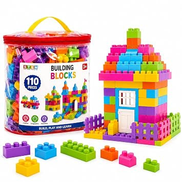 TA Building Blocks Toy for Kids 3+ Years (110 peices)| STEM Learning Construction Block Set | Creative DIY Building Bricks | Alphabet, Numbers & Shape Building | Brain Development Toys