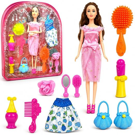TA Doll Set for Girls with Makeup, Dress, Accessories, Wardrobe Closet, Hangers, Necklace, Multicolor, 3 Years and Up (Hello Sweety Doll (Bag)