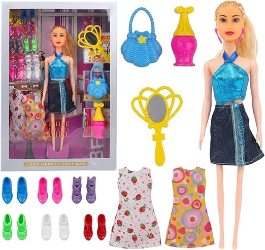 TA Doll Set for Girls with Makeup, Dress, Accessories, Wardrobe Closet, Hangers, Necklace, Multicolor, 3 Years and Up (Shine Fashion Doll)