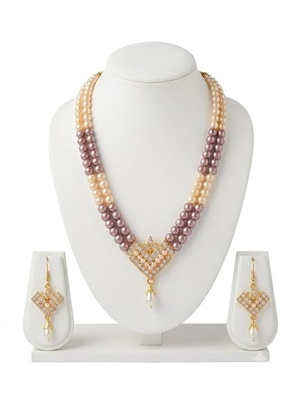 TA Traditional Pearl Jewellery Set for Women with Earrings | Double Layer Artificial Pearl Necklace Set | Gold Plated Ethnic Bridal Jewellery | Designer Beaded Necklace | Adjustable Dori Closure | Gift for Women & Girls