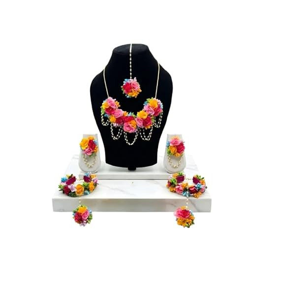 TA Artificial Floral Jewellery Set for Women & Girls, Bridal Flower Jewelry Accessories for Haldi Mehendi Function, Floral Necklace Set for Wedding, Baby Shower