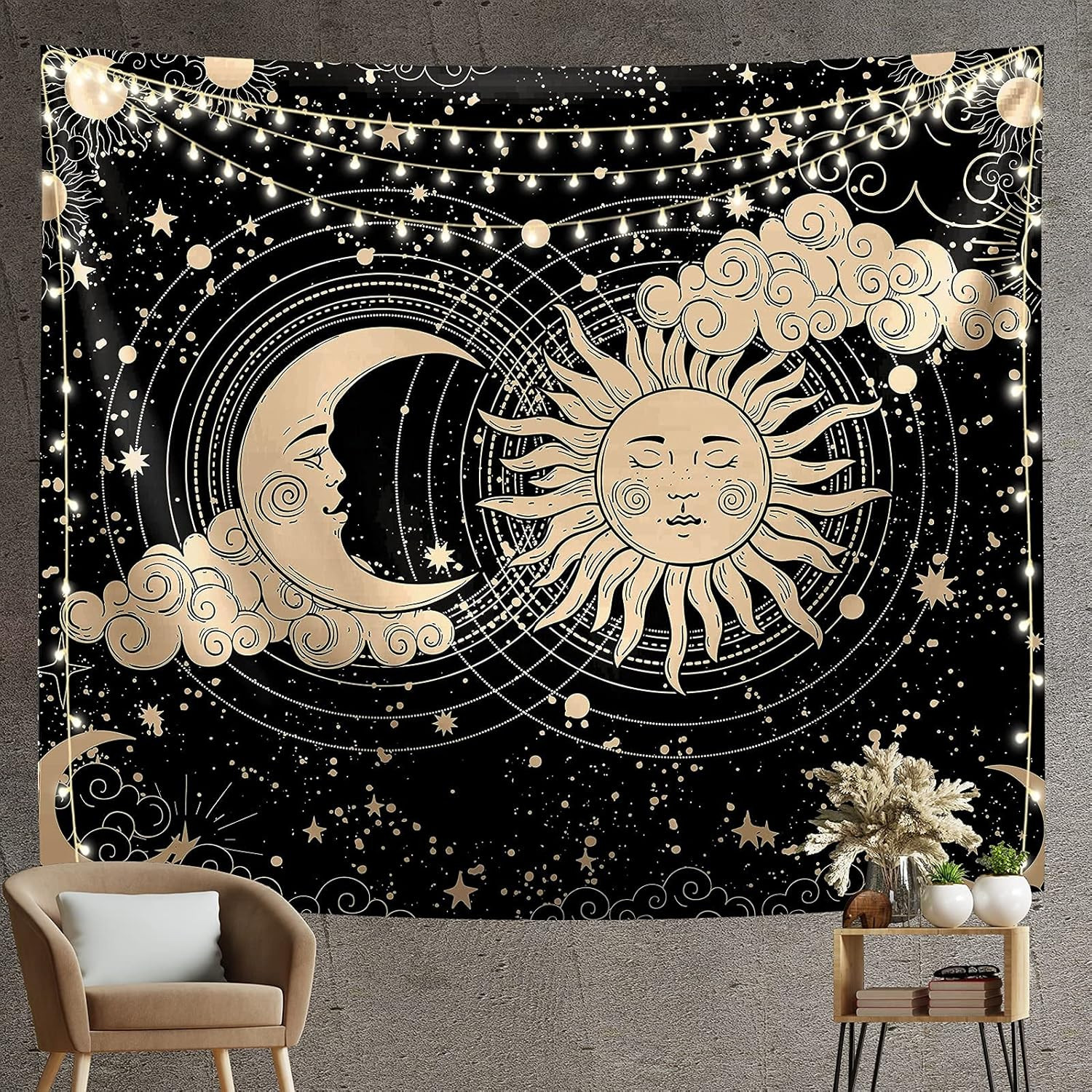 TA HASTHIP® Polyester Sun and Moon Tapestry - Aesthetic Black Dark Spiritual Wall Art for Bedroom, Living Room Decor (51"X59")