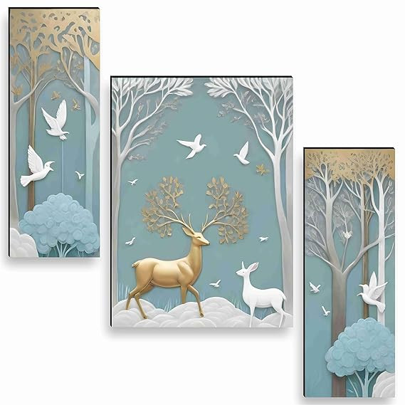 TA deer Paintings for Wall Decoration - Set Of 3, 3d modern art Painting for Living Room Large Size with Frames for Home, Office painting 50.8 cm x 30.48 cm SANFJM36036-Engineered Wood