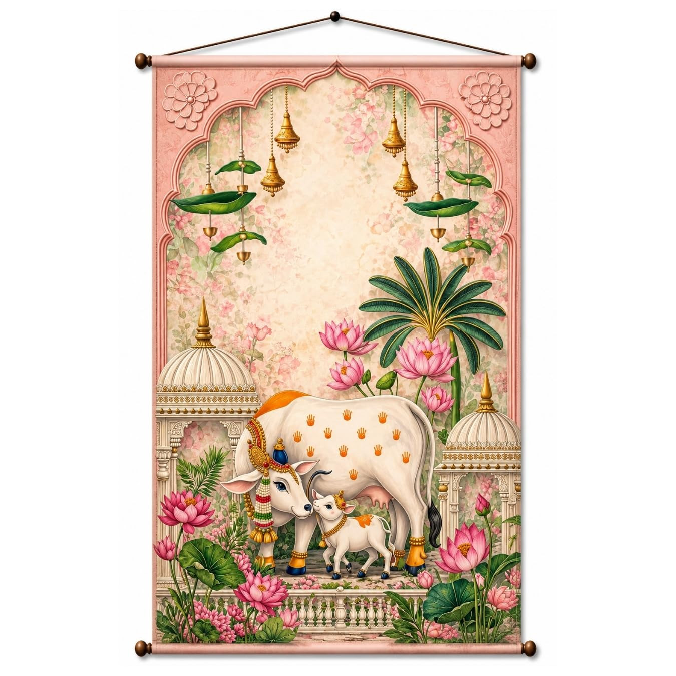 TA Adorvue Kamdhenu Cow Tapestry Wall Hanging for Living Room & Pooja Room | Spiritual Lotus Temple Wall Decor | Hindu Devotional Fabric Tapestry for Home, Meditation & Festive Decor 20x30 Inch