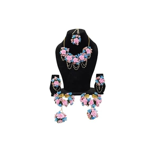 TA Floral Jewellery Set for Women & Girls – Artificial Flower Necklace, Earrings, Maang Tikka & Bangles | Bridal Flower Jewellery for Haldi, Mehndi, Wedding & Baby Shower