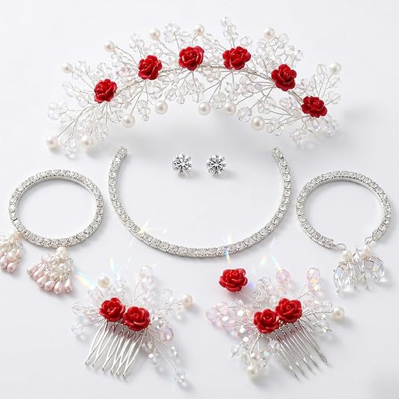 TA Bridal Jewellery Set for Women with Crystal Necklace, Earrings, Bangles & Floral Hair Accessories | Wedding Jewellery Combo Set for Bride