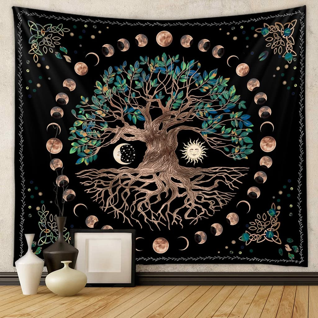 TA HASTHIP® Tree of Life Tapestry Wall Hanging for Bedroom Living Room, Psychedelic Mystic Wishing Tree Artwork with Moon Phases, Washable Polyester Fabric, Vibrant Decorative Wall Carpet (51x59 Inches)