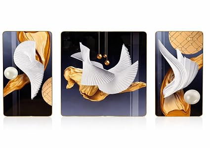 TA Minimalist Abstract Wall Art Set of 3 | White Sculptural Design Wall Painting with Gold Elements for Living Room & Bedroom | Pictures for Hallway Office Wall Decor