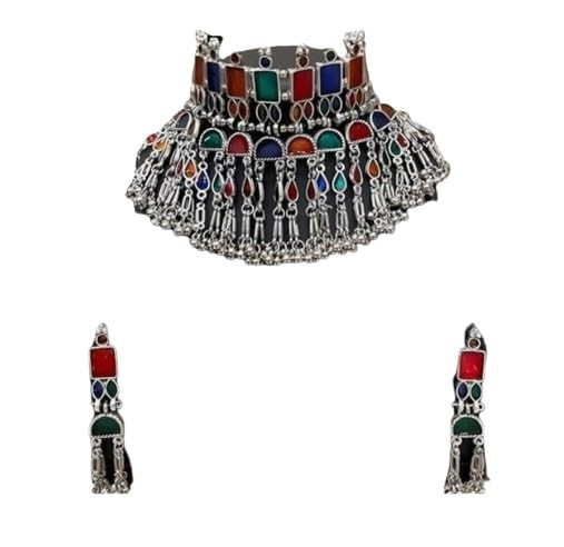TA Women Oxidised Silver Alloy Choker Earrings Jewellery Set Adjustable Beaded Artificial Stones new