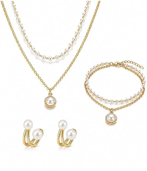 TA Pearl Jewellery Set with Earrings, Bracelet and Necklace | Layered Necklace, Double Pearl Earrings, Gold-Tone Chain, Daily and , 3-Piece Set