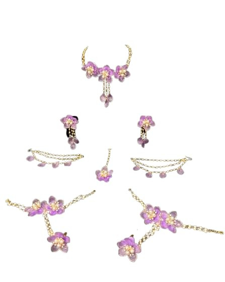 TA Floral Bridal Jewelry Set for Women | acrylic Purple Flower Necklace Set with Earrings, Maang Tikka, Hathphool & Hand Accessories | Wedding, Mehndi & Haldi Jewellery